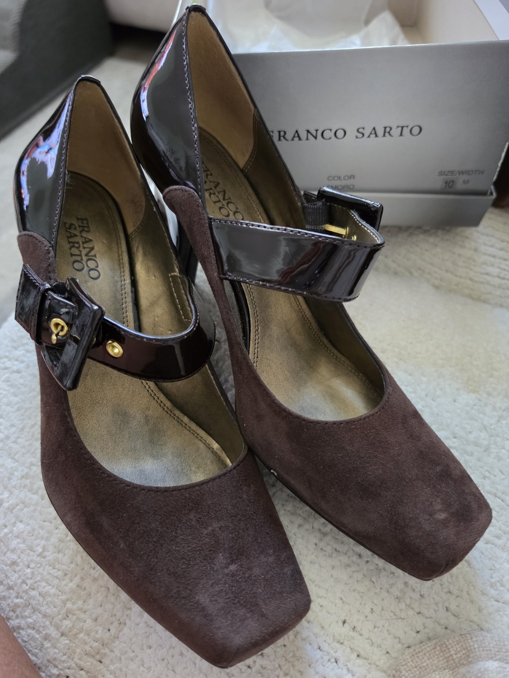 Franco Sarto "TENOR" Brown Suede and Patent Mary Jane Heels